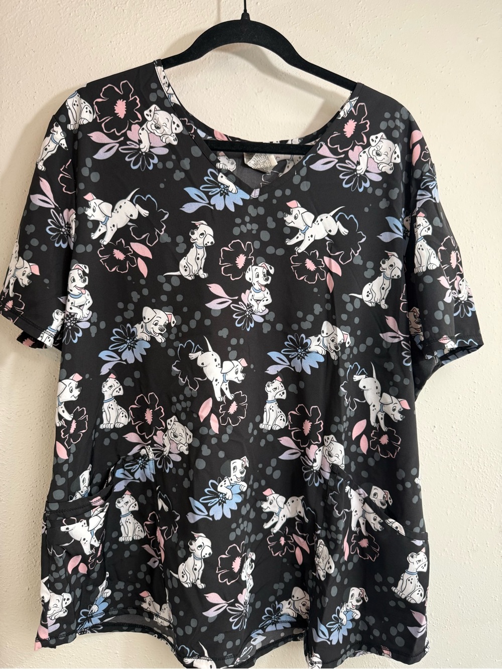 Scrub's top Disney Black Short Sleeve Top with Pastel Dalmatian & Floral Print